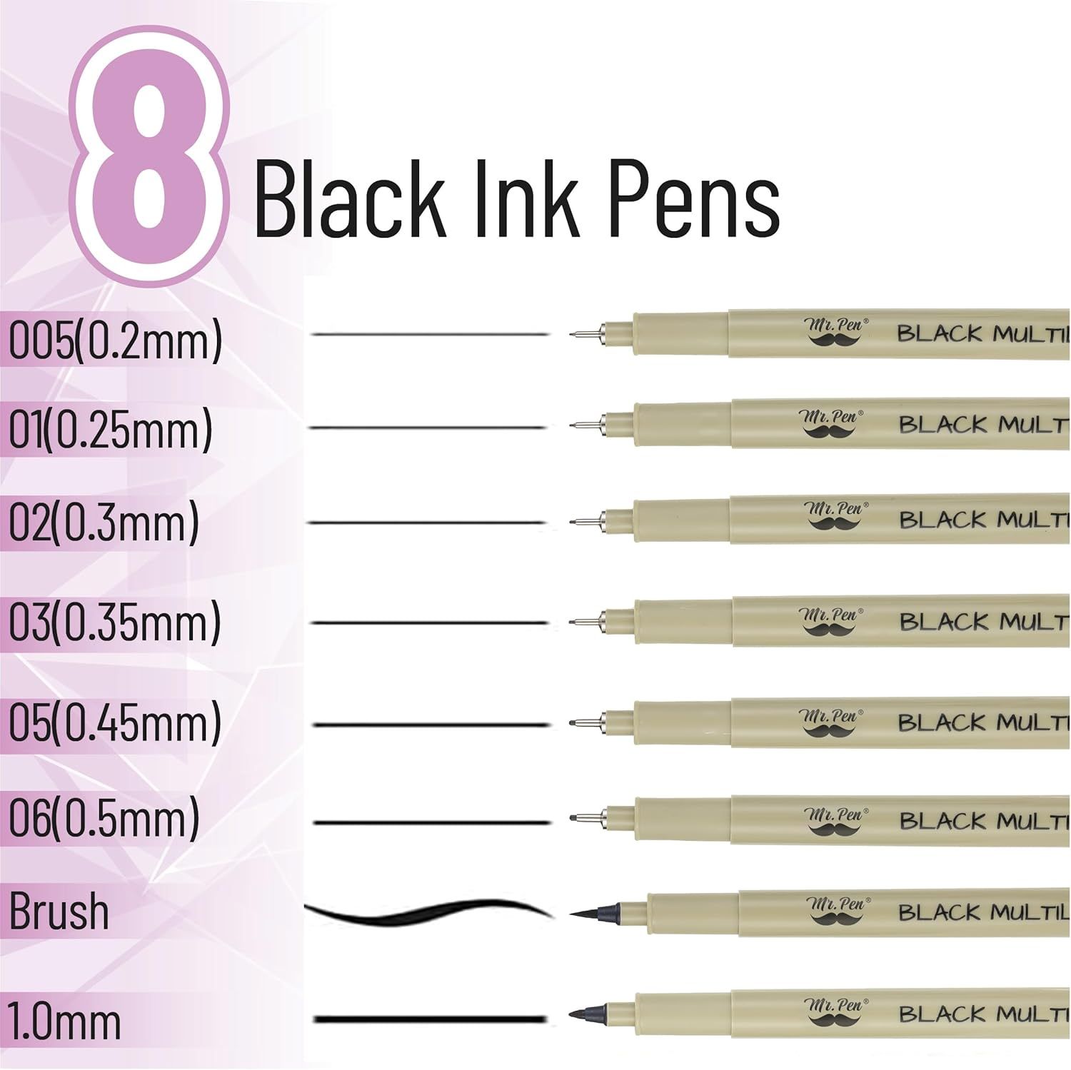 Showcases the brand's complete lineup of black ink pens with different tip sizes to help shoppers choose the right option for their needs.