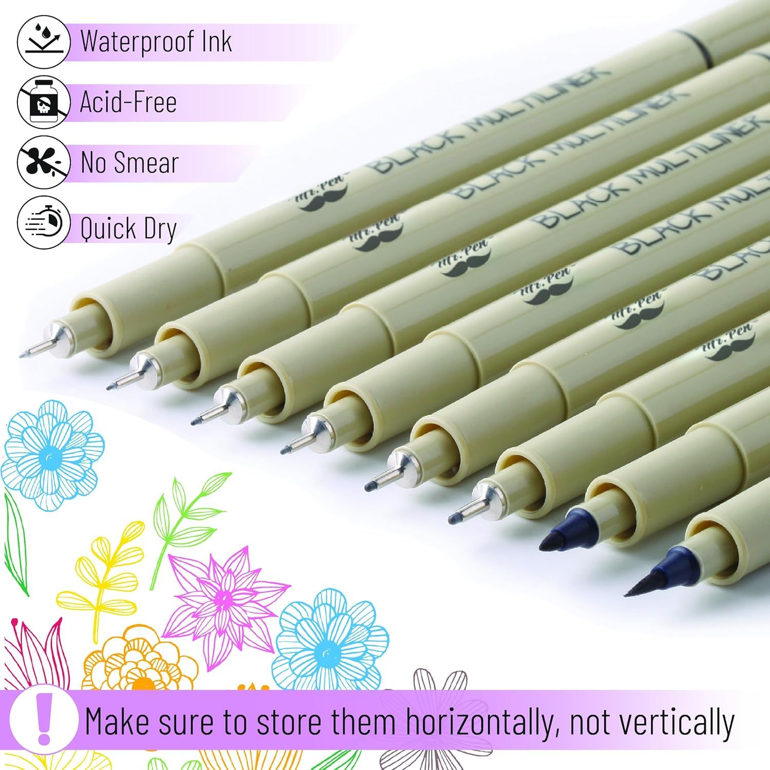 Communicates multiple key benefits of the pens (waterproof, acid-free, no smear, quick dry) to reassure shoppers about the product's quality and performance for various writing and drawing needs.