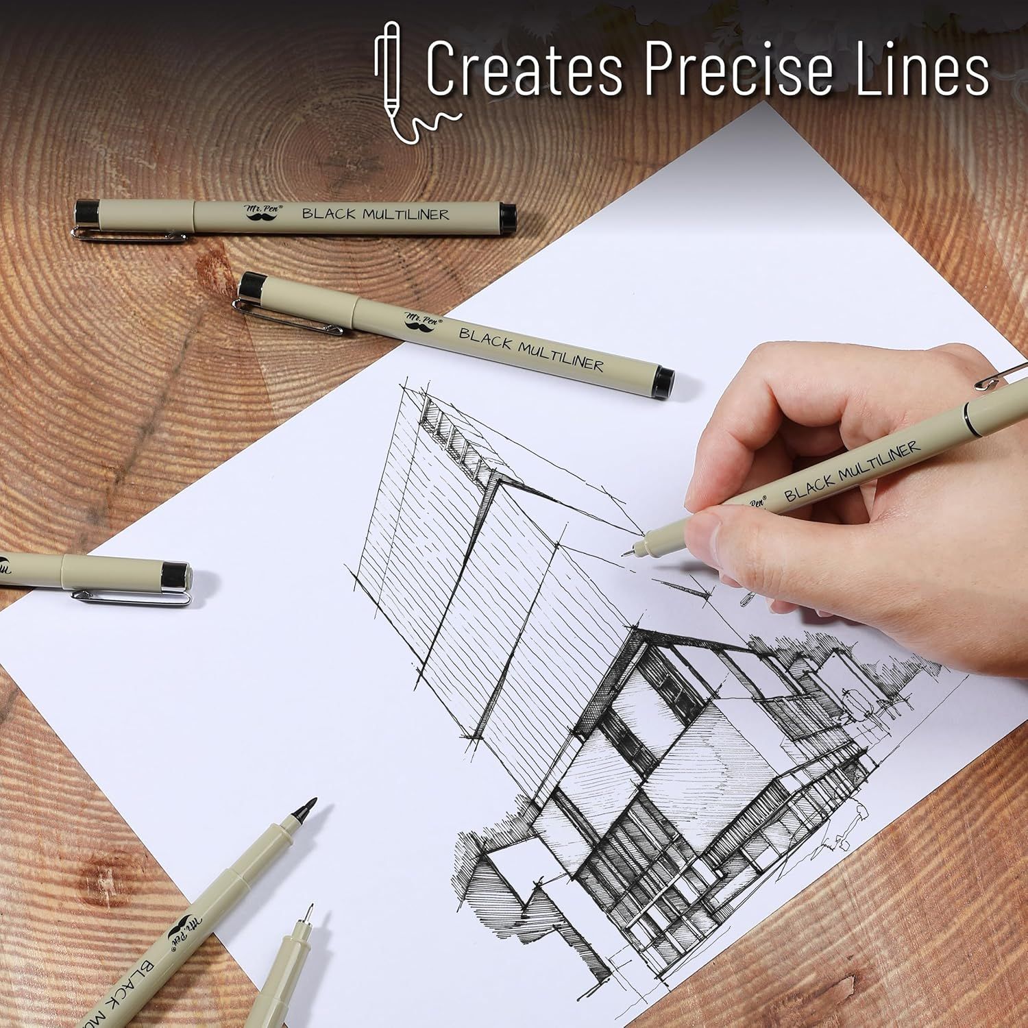 Demonstrates the pen's ability to create precise, clean lines for detailed technical drawing and architectural sketching, reassuring shoppers of its accuracy and quality.