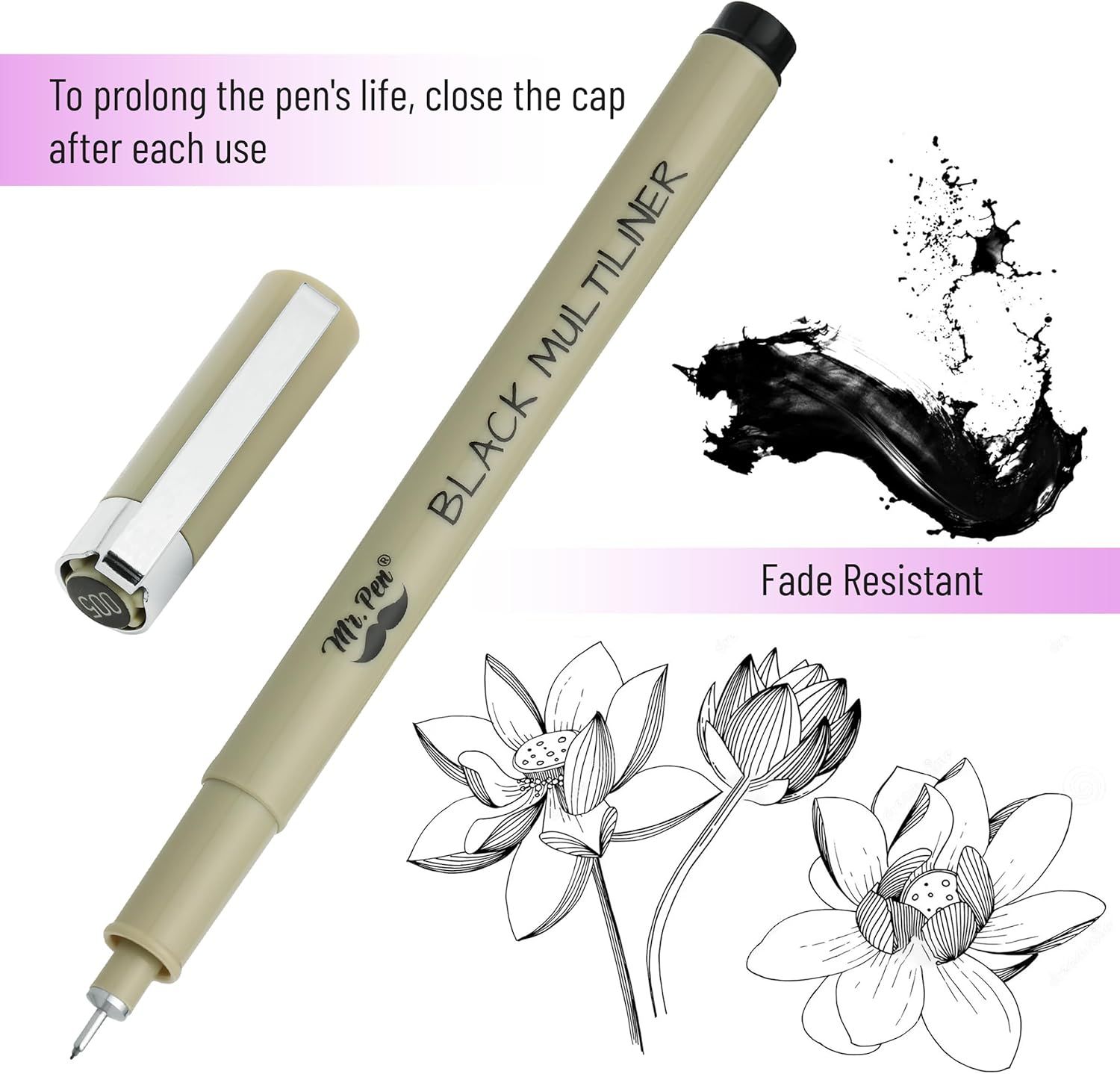 Communicates multiple product benefits including fade-resistant ink quality and proper usage instructions to prolong the pen's life, reassuring shoppers of durability and value.