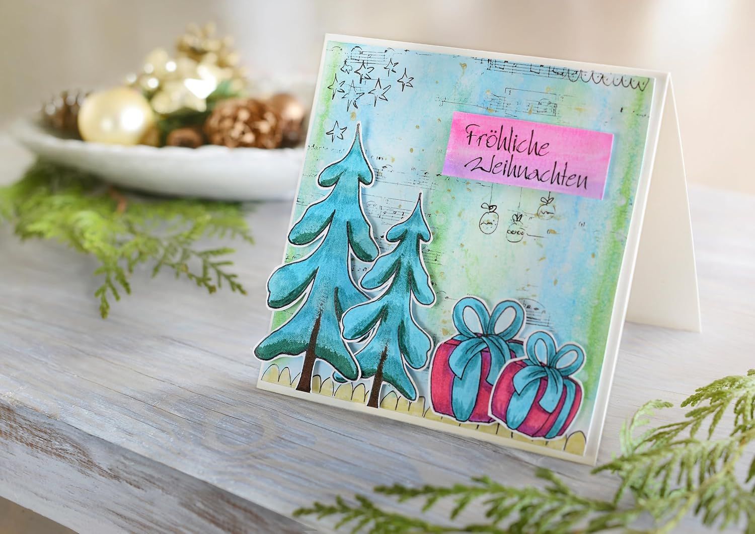 This image showcases the product as a Christmas greeting card, featuring festive elements like Christmas trees, gifts, ornaments, and holiday messaging to position it as a seasonal holiday product.