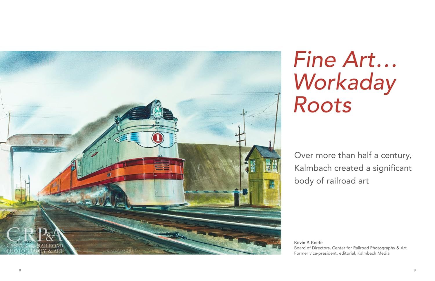 Communicates the brand's artistic heritage and historical significance through Kalmbach's railroad art, building emotional connection and brand credibility with shoppers.