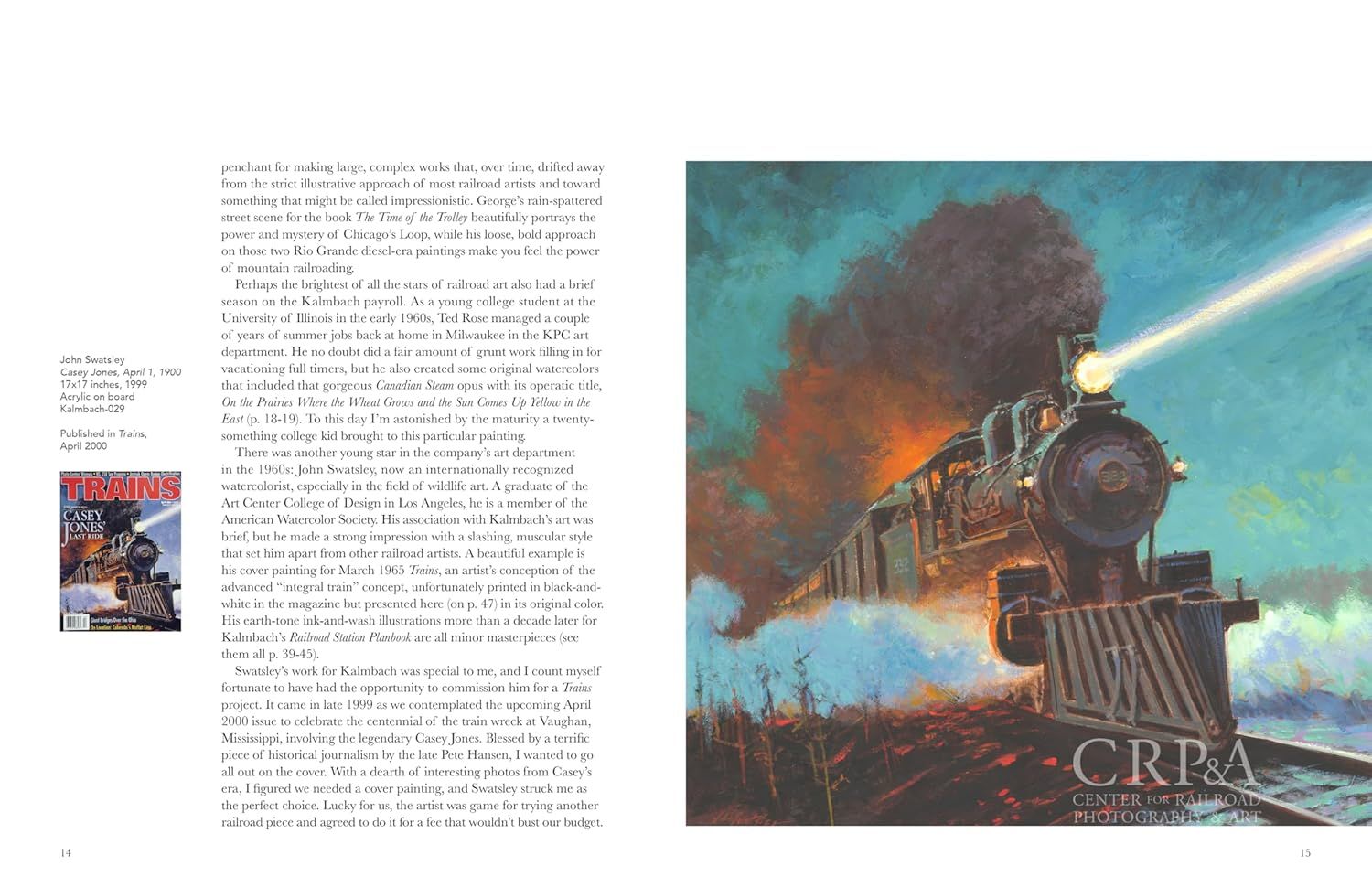 This image promotes the Center for Railroad Photography & Art organization and its publication Trains magazine, showcasing their content and establishing brand identity through editorial presentation.