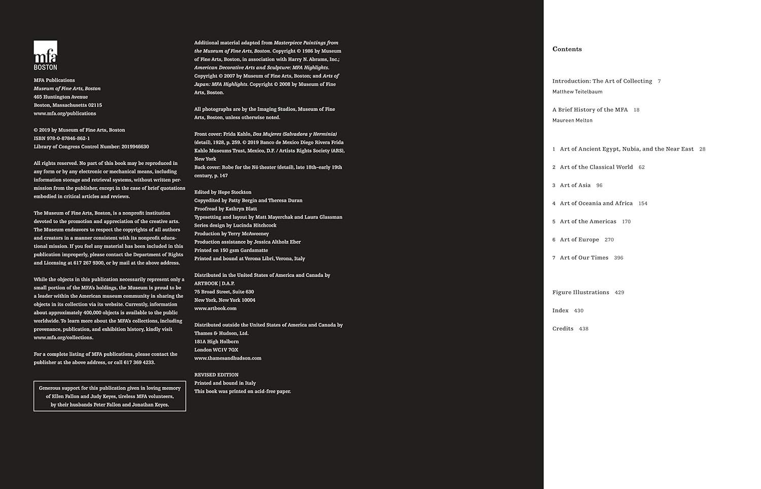 This image shows the copyright page and table of contents of a Museum of Fine Arts Boston publication, providing shoppers with information about the book's structure, chapters, and legal details.