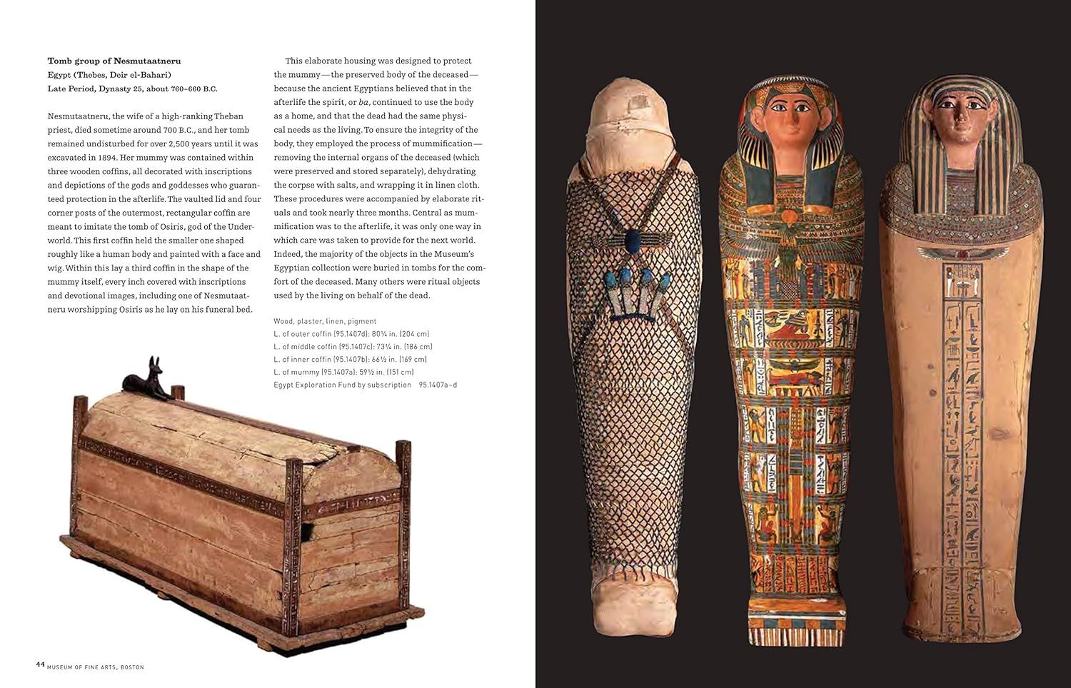 Shows the complete tomb group including the outer coffin and three nested inner coffins to demonstrate the elaborate burial set the customer receives and educate about ancient Egyptian mummification…