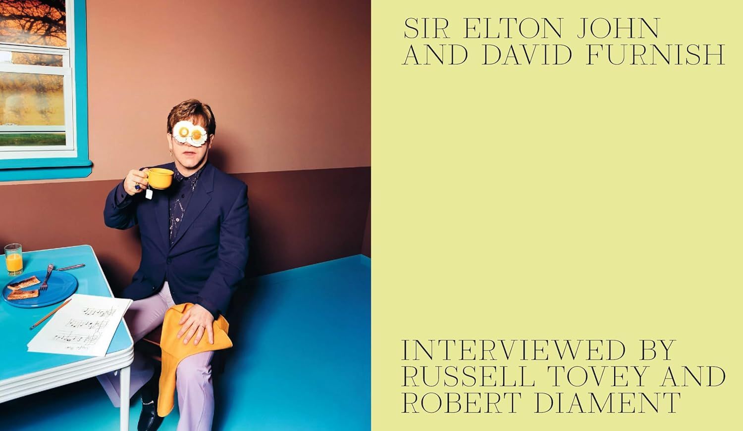 Establishes the brand identity and credibility of the product by prominently featuring Sir Elton John and David Furnish as the authors/creators, along with the interviewers, positioning this as a…