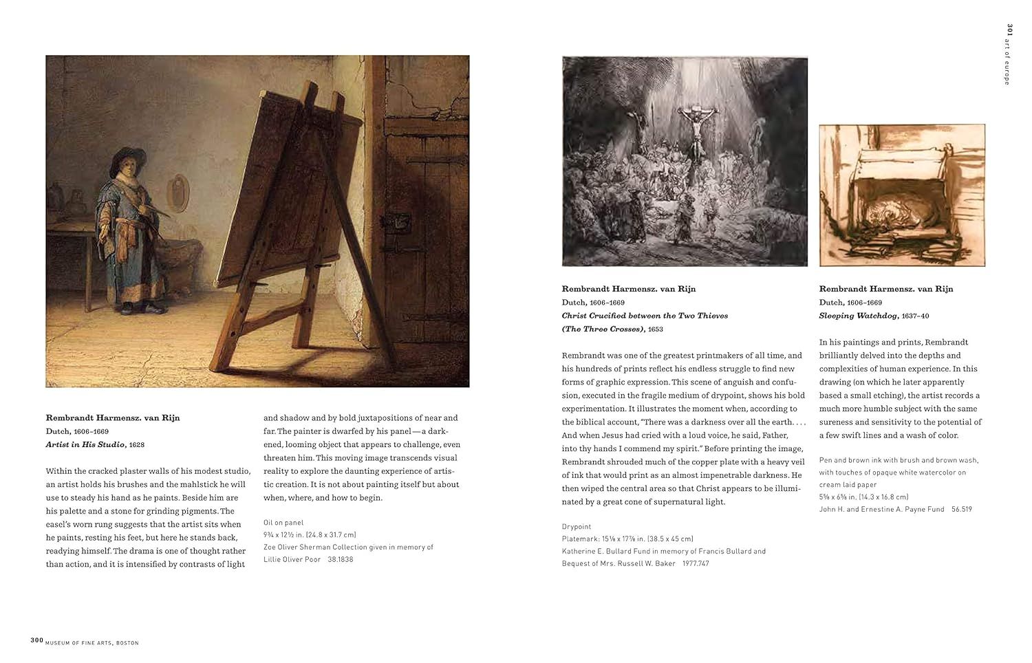 This is a museum catalog or book page displaying Rembrandt's artworks with descriptive text, not a product image for Amazon classification.