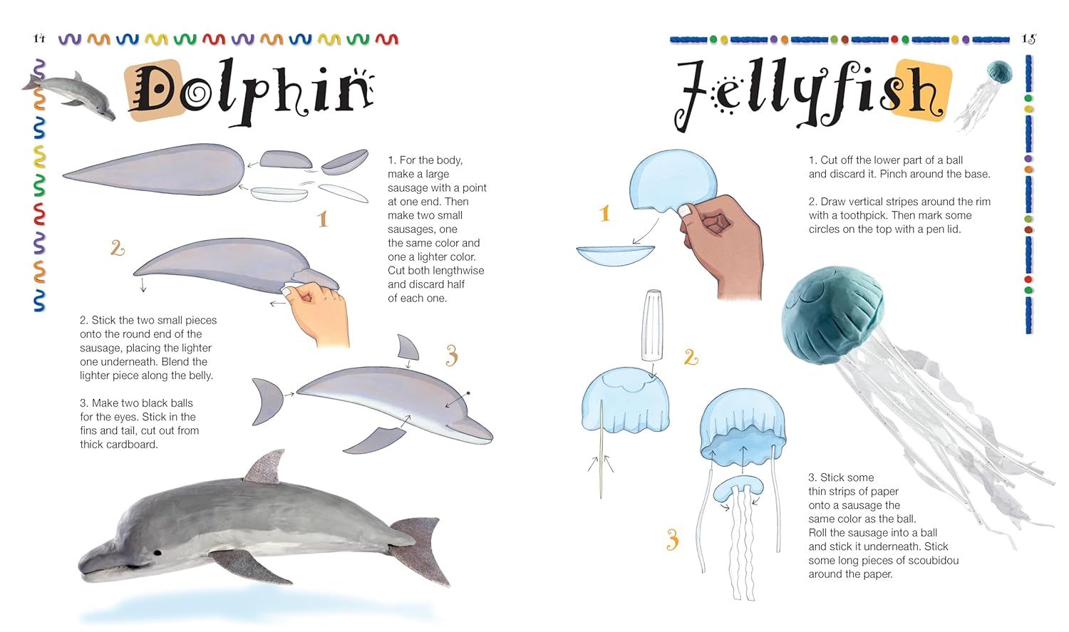 This image provides detailed sequential instructions showing how to create dolphin and jellyfish crafts, helping shoppers understand the product's educational and creative activity value.