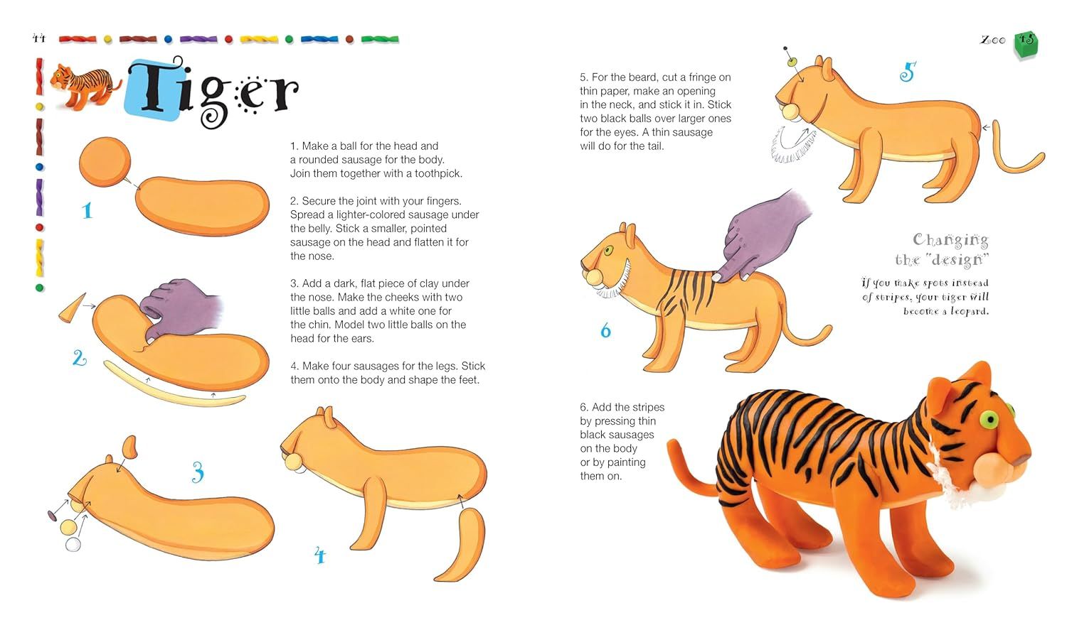 This image provides detailed sequential instructions showing how to create a clay tiger craft, guiding shoppers through the assembly process to demonstrate ease of use and creative possibilities.