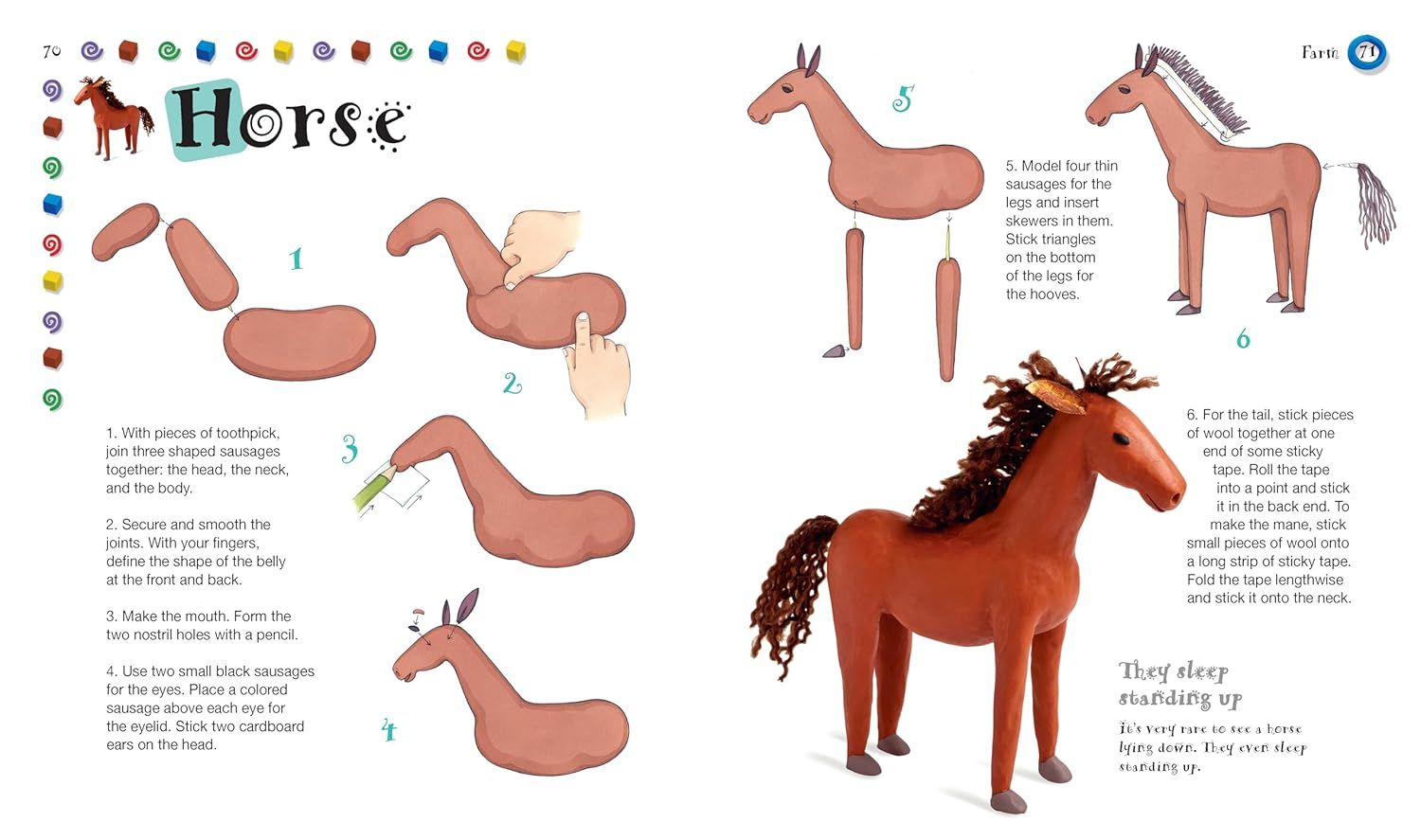 This image provides detailed sequential instructions showing how to create a toy horse from sausages and other materials, guiding the shopper through each step of the craft project.
