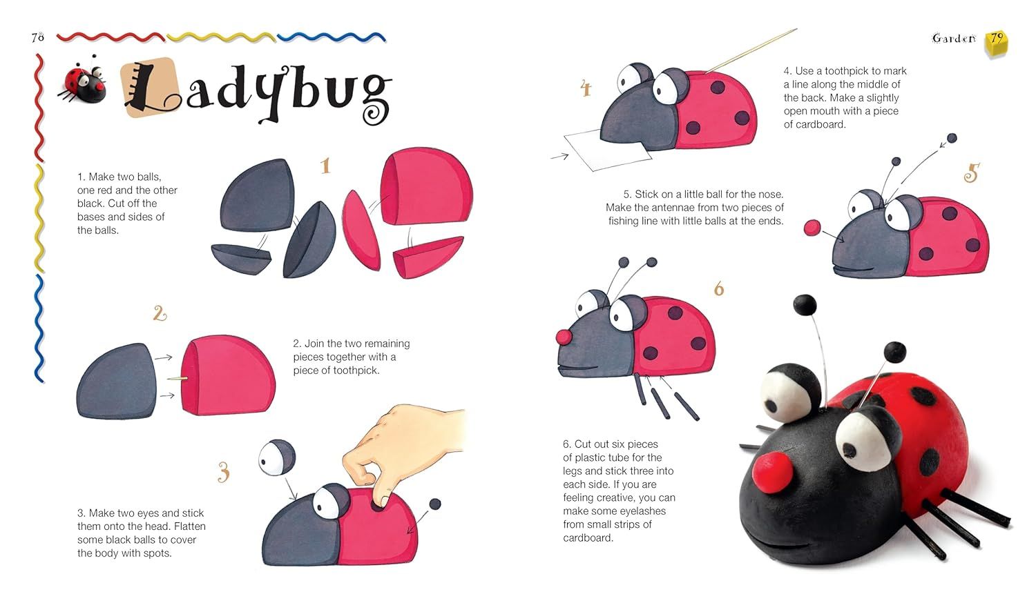 This image provides detailed sequential instructions for creating a ladybug craft, showing shoppers exactly how to assemble the product through numbered steps with illustrations.