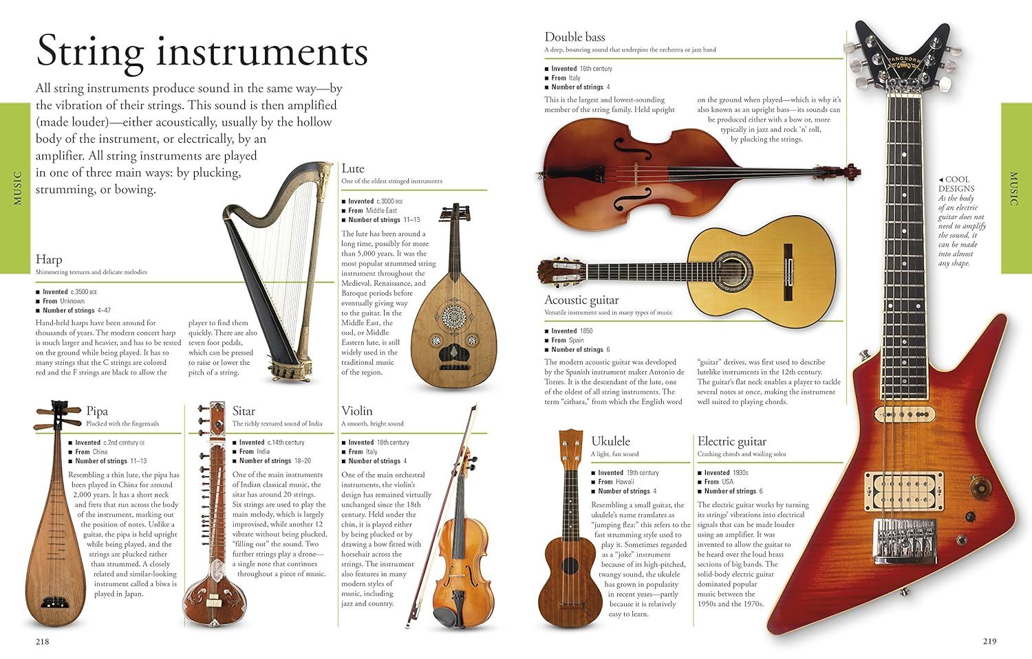 This educational spread showcases multiple string instruments with detailed specifications and historical context to help shoppers understand the variety, heritage, and characteristics of different…
