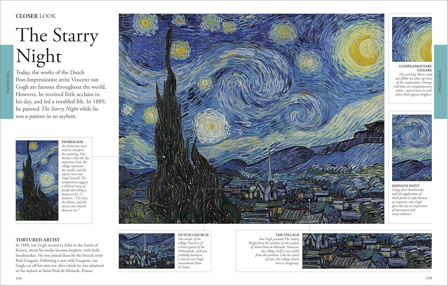 This image breaks down the famous painting 'The Starry Night' by highlighting its artistic components, techniques, and symbolic elements to educate the shopper about the artwork's structure and…