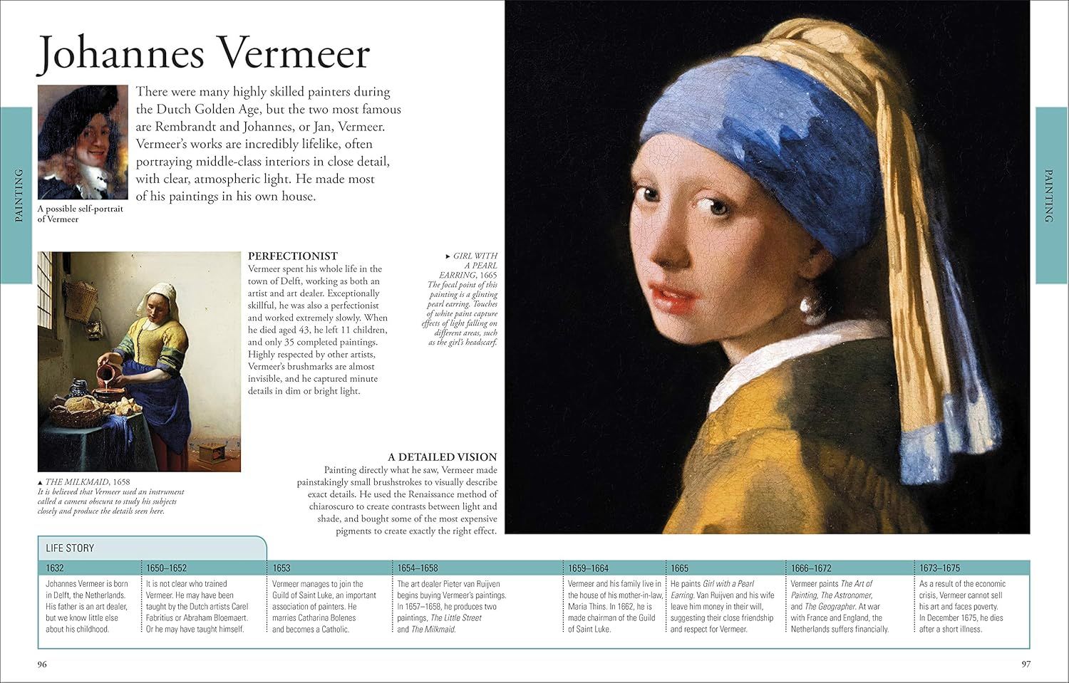 This image educates shoppers about the artist Johannes Vermeer and his famous works, establishing brand credibility and cultural value by associating the product with renowned art history.