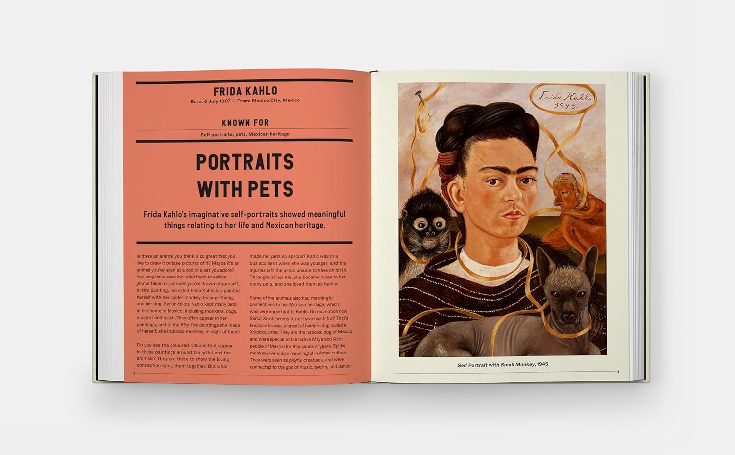 This is a photograph of an open book showing interior pages about Frida Kahlo. This is not an Amazon product secondary image but rather a photograph of a book's interior spread, which does not fit…