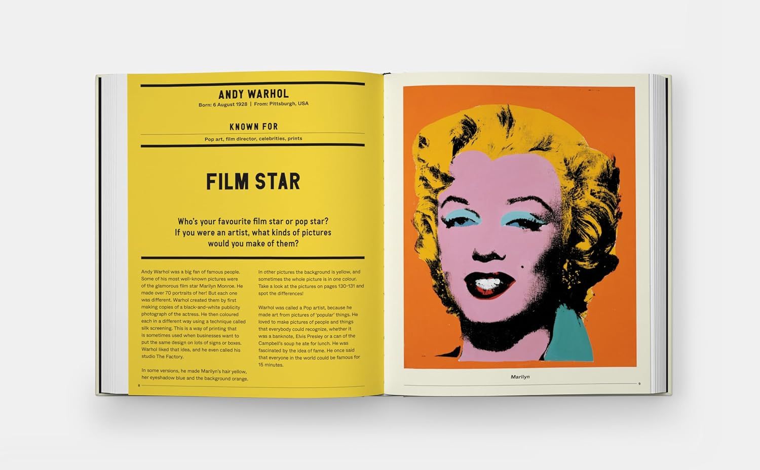 This is not an Amazon product image but rather a photograph of an open book spread about Andy Warhol's Marilyn Monroe artwork. It does not fit Amazon secondary image categorization as it is a book…