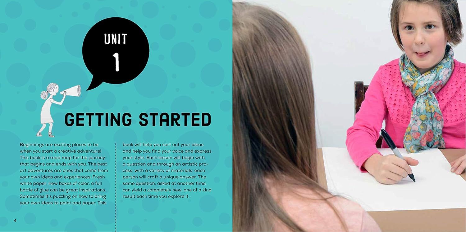 Introduces the reader to the beginning of a creative journey or instructional process, setting expectations for how to use the book or product to explore artistic ideas and self-expression.