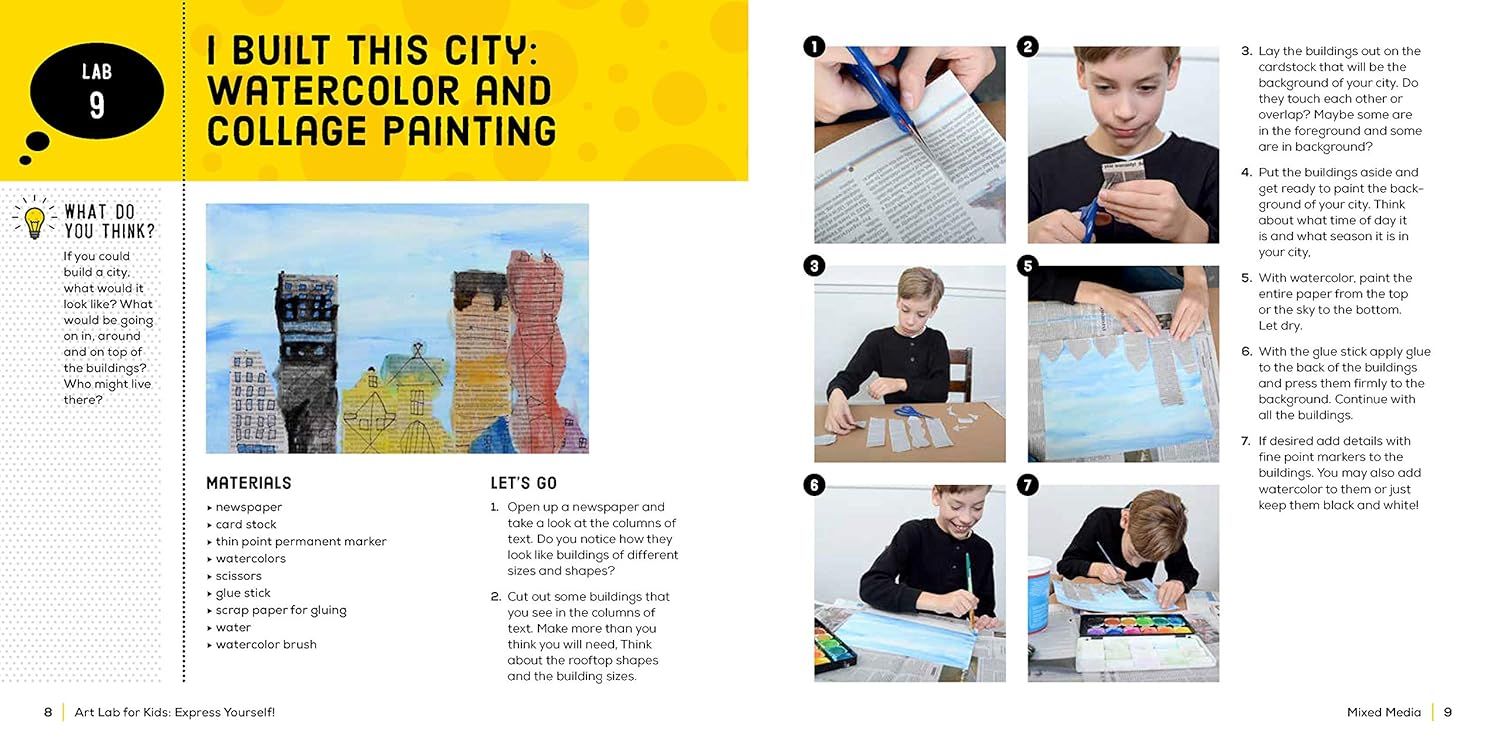 This image provides step-by-step instructions for creating a watercolor and collage city painting, guiding children through the creative process from cutting newspaper buildings to painting and…