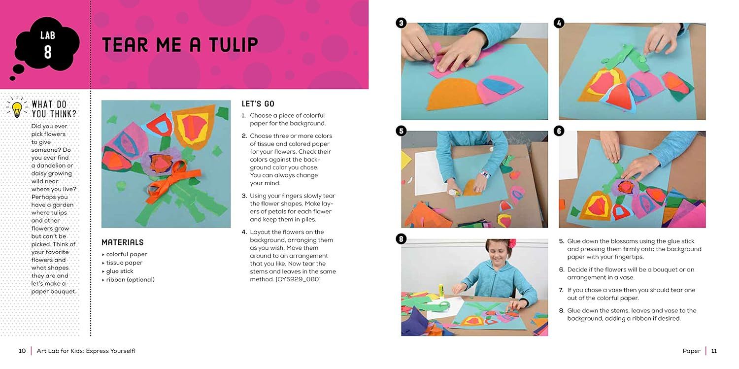 This image provides clear, numbered step-by-step instructions to teach children how to create a colorful paper tulip bouquet craft project.