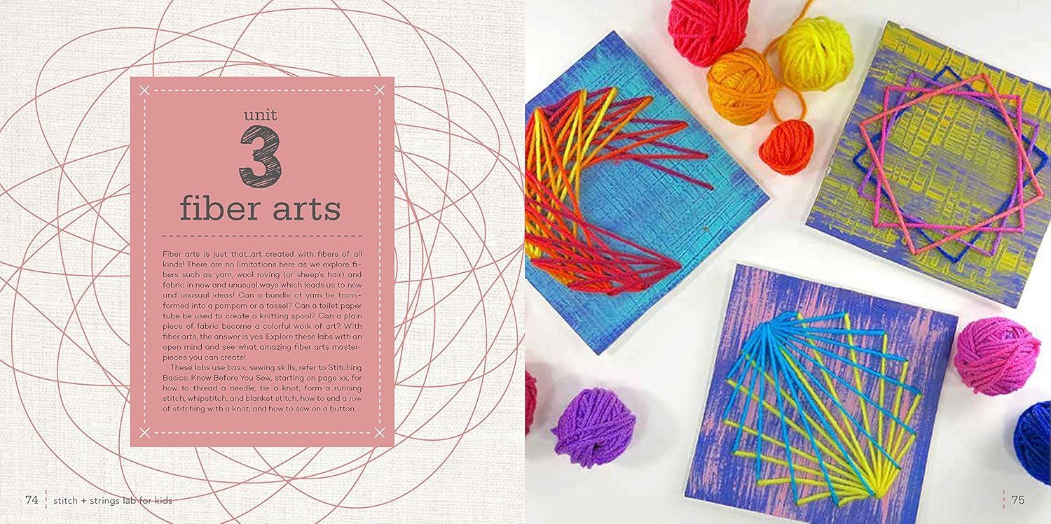 Introduces a craft activity unit teaching kids how to create fiber art projects using yarn and basic sewing skills, encouraging creative exploration with colorful materials.