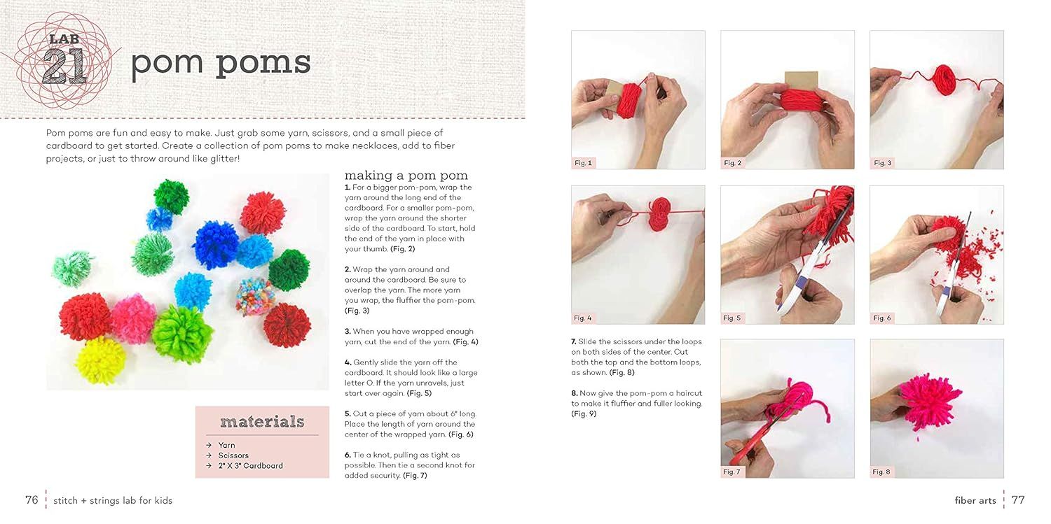 Provides detailed sequential instructions showing how to make pom poms from yarn and cardboard, guiding shoppers through the complete crafting process.