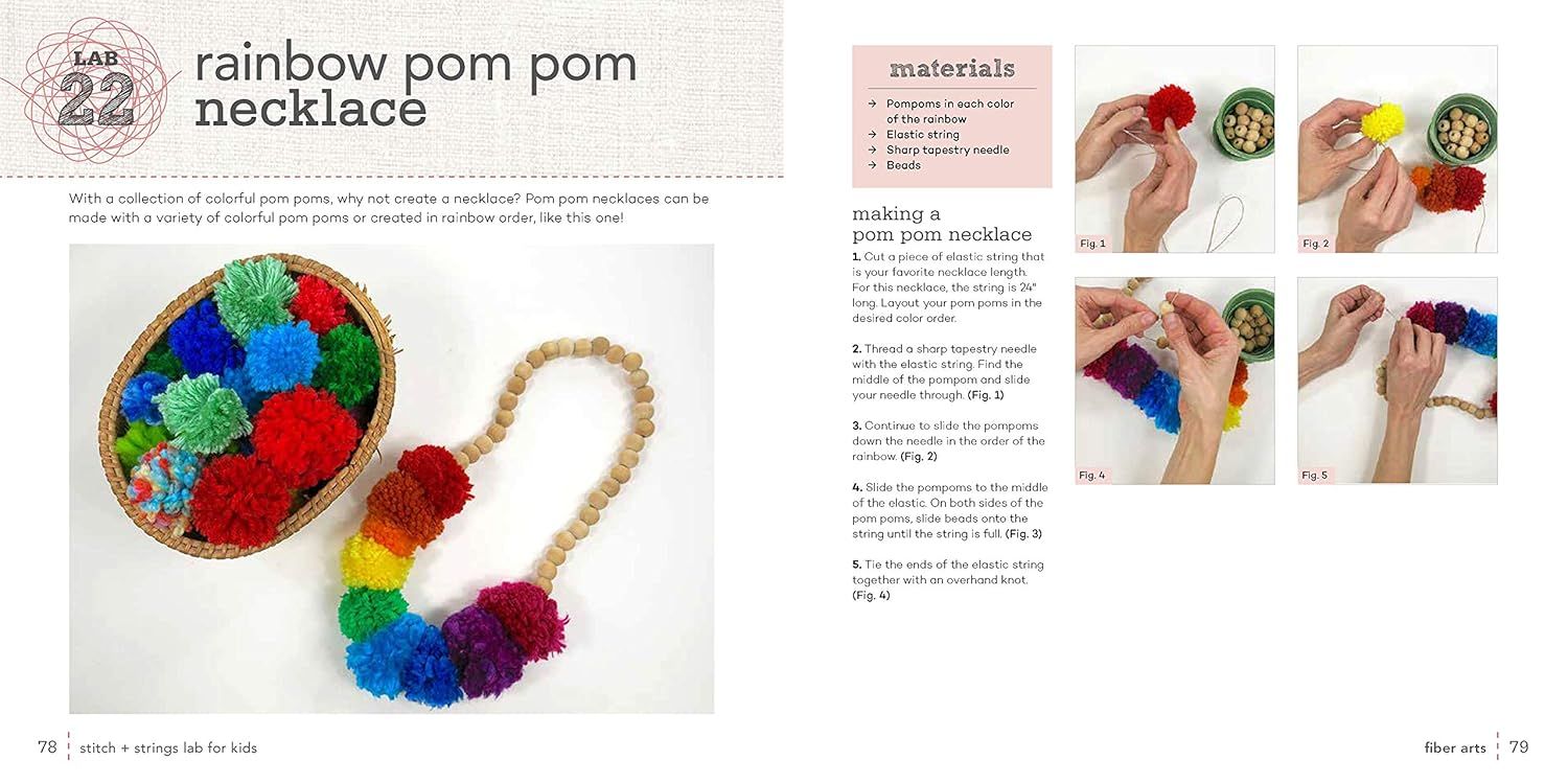 This image provides clear, sequential instructions showing how to make a rainbow pom pom necklace, guiding shoppers through the complete crafting process from materials to finished product. Shows…