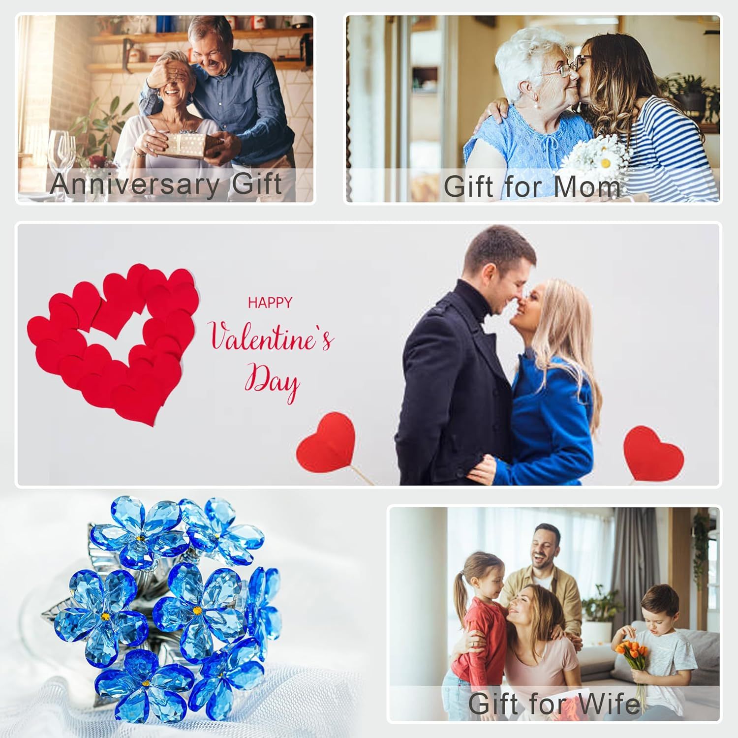 Positions the product as a perfect gift for multiple occasions including anniversaries, Mother's Day, Valentine's Day, and for wives, creating emotional appeal and seasonal relevance.