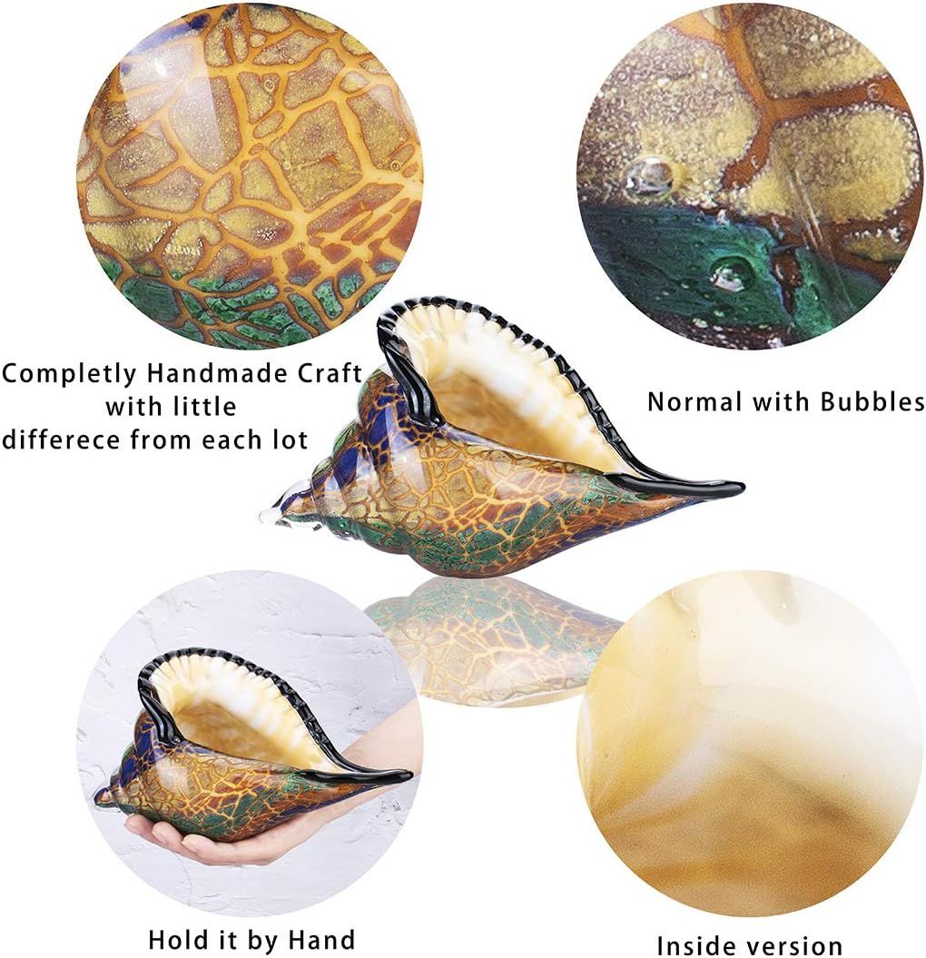 This image breaks down the physical characteristics and craftsmanship of the decorative glass shell, showing close-up details of the textured surface pattern, natural bubbles in the glass, the…