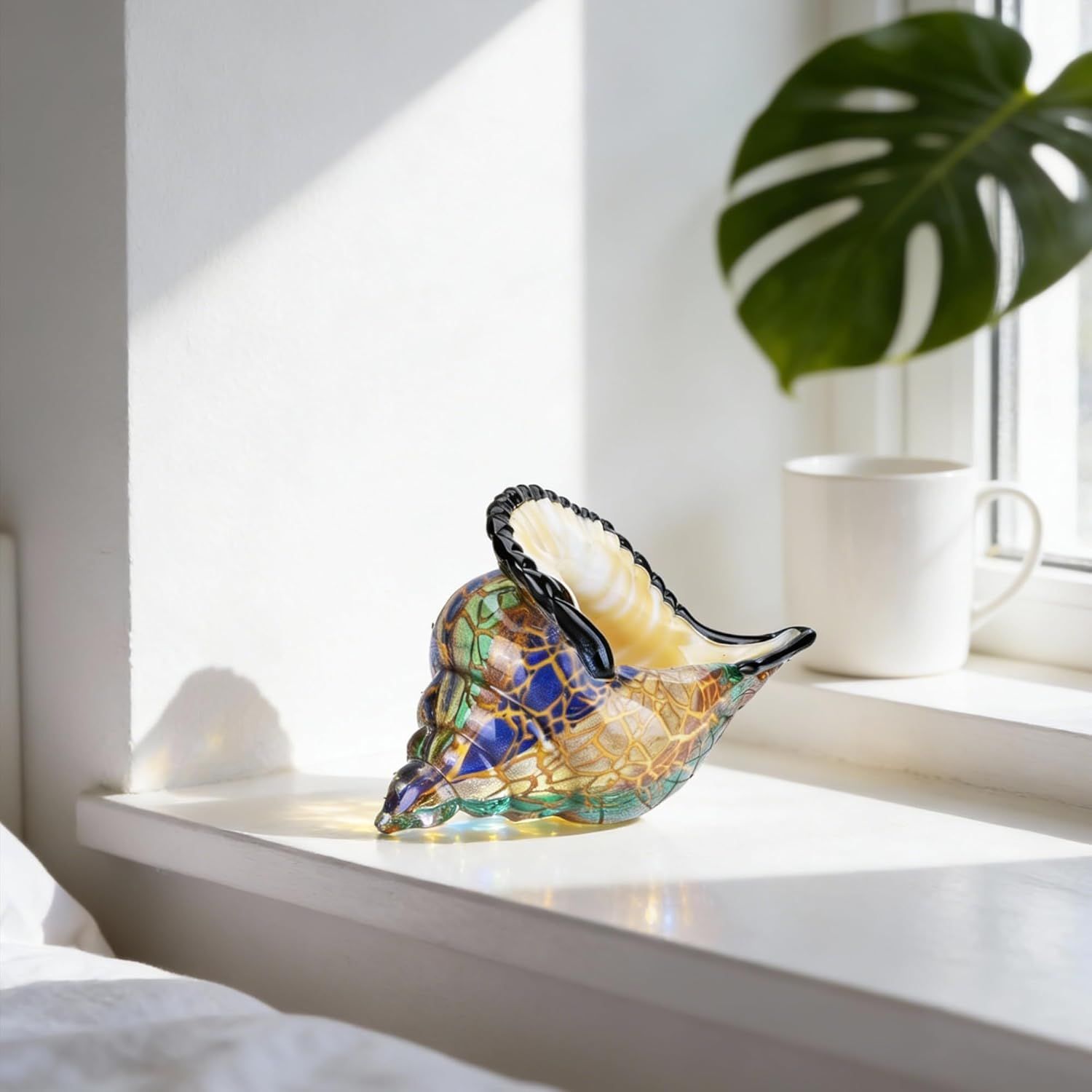 Showcases the decorative glass piece in a real-world home setting to help shoppers visualize how it would look displayed in their own space.
