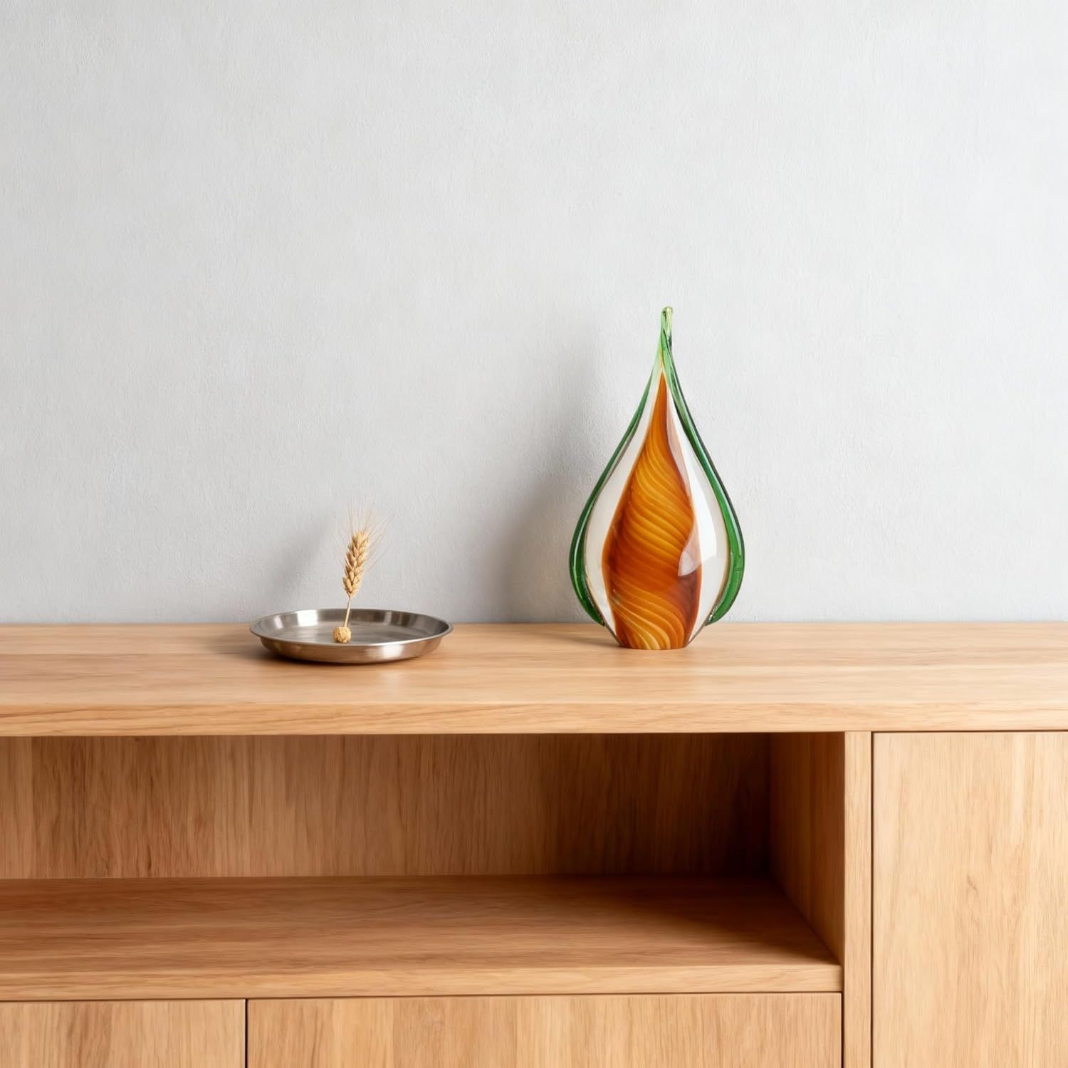 Showcases the decorative glass art piece in a real-world home setting to help shoppers visualize how it would look displayed in their own space.