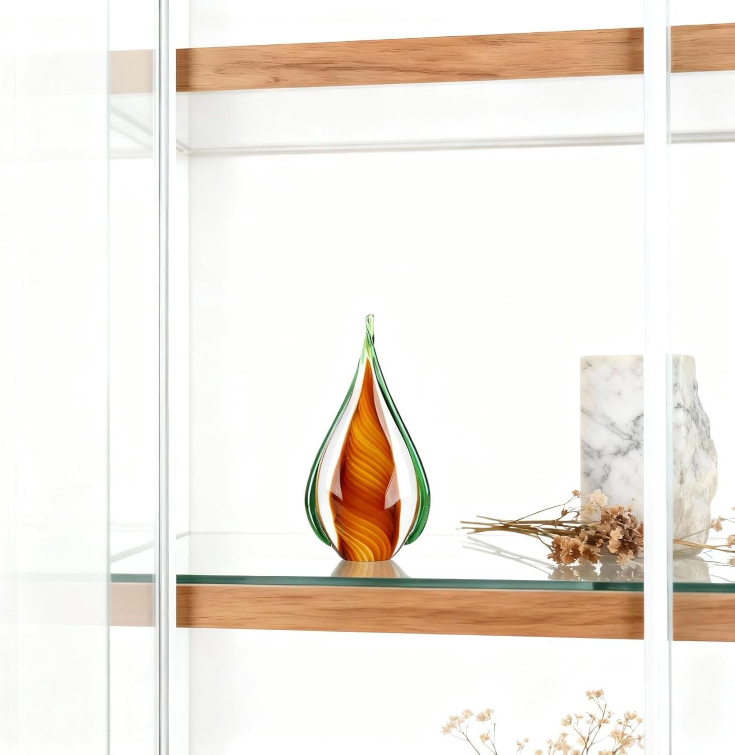 Shows the decorative glass art piece styled in a modern home setting to help shoppers visualize how it would look displayed in their own space.