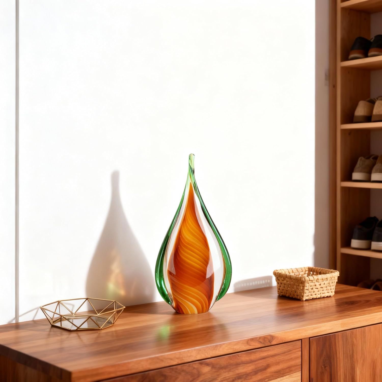 Shows the decorative glass art piece in a real-world home setting to help shoppers visualize how it would look in their own space.
