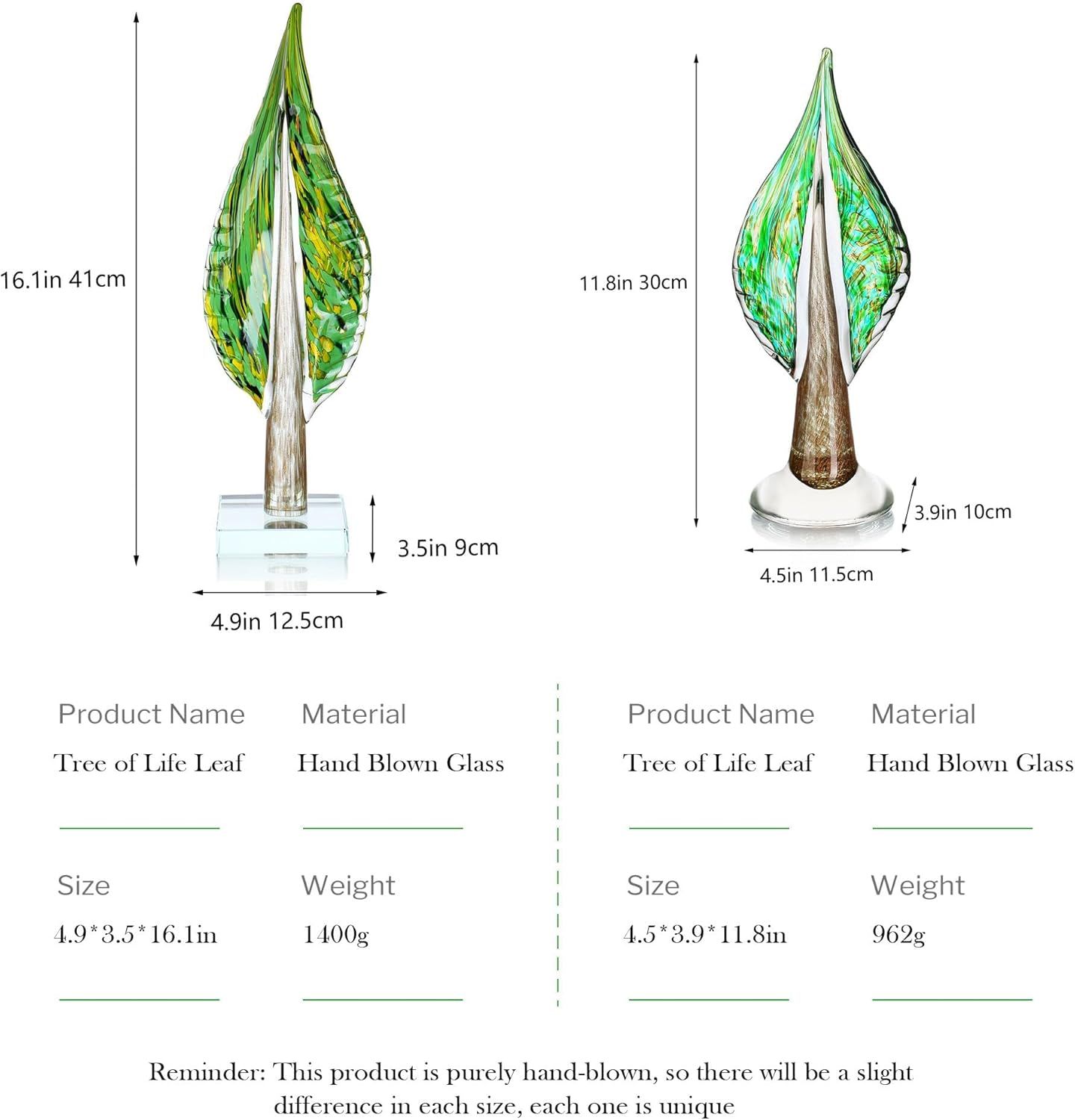 Provides detailed physical measurements (height, width, depth, weight) for two size variants of the decorative glass product, helping shoppers understand the exact dimensions and choose the right…