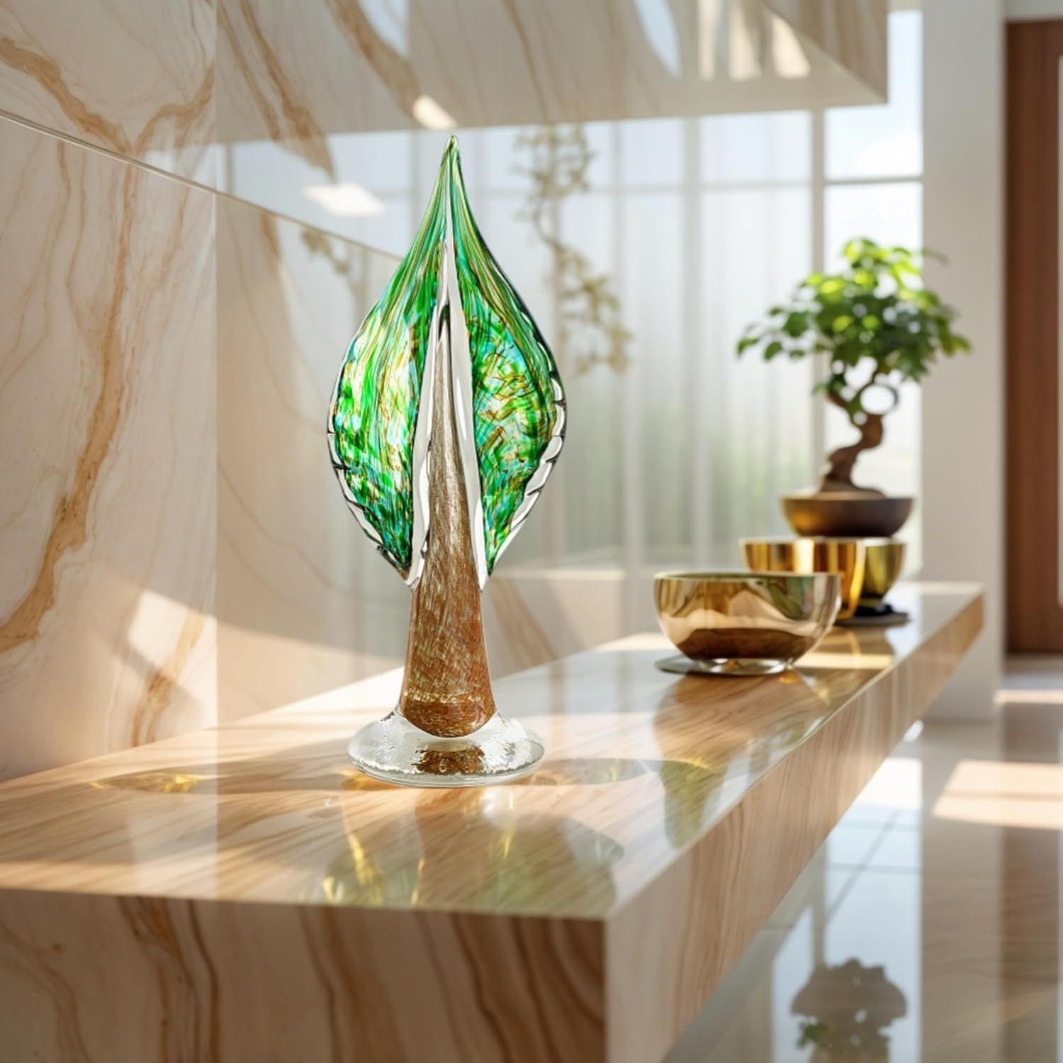 Showcases the decorative glass art piece in a real-world home setting to help shoppers visualize how it would look in their own space.