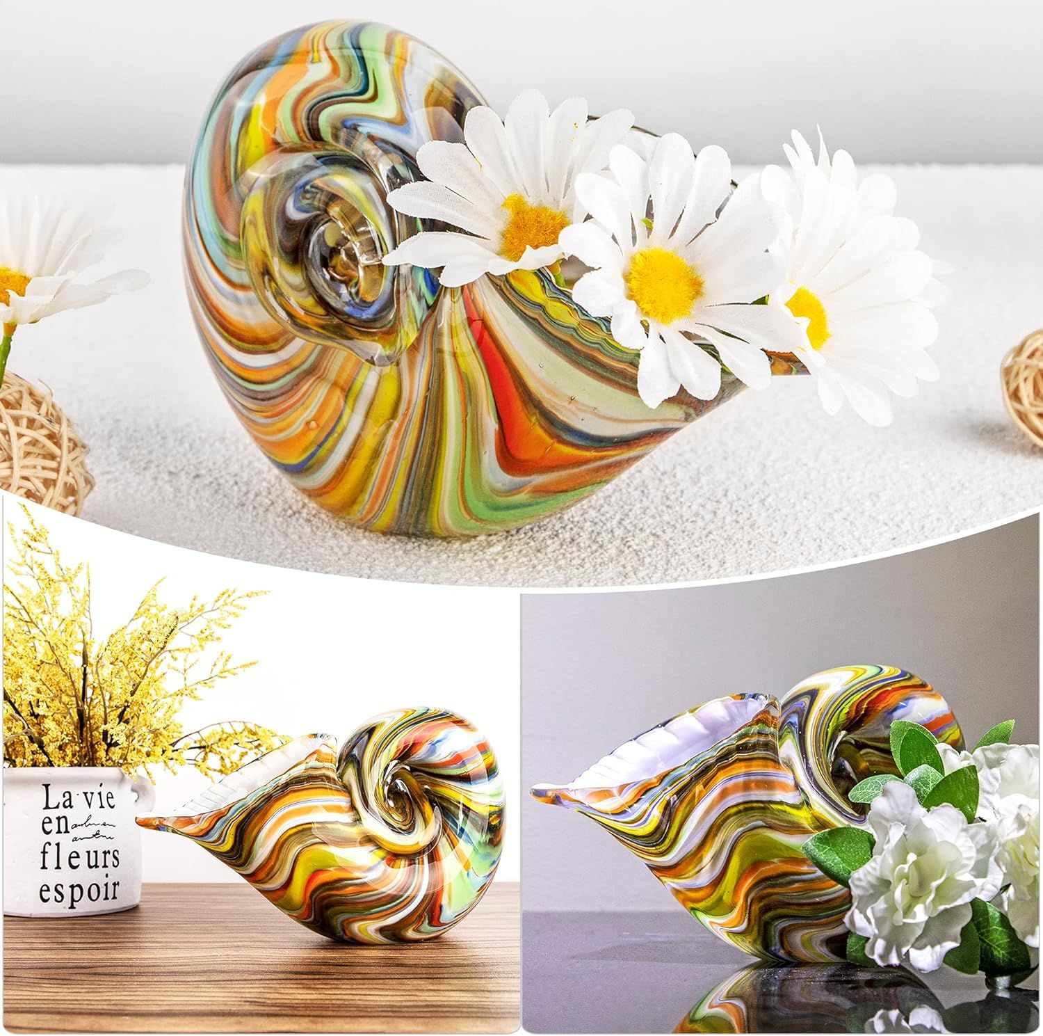 Showcases the colorful glass vase as a decorative home accent piece in real-world lifestyle settings, demonstrating its aesthetic appeal and versatility in different environments.