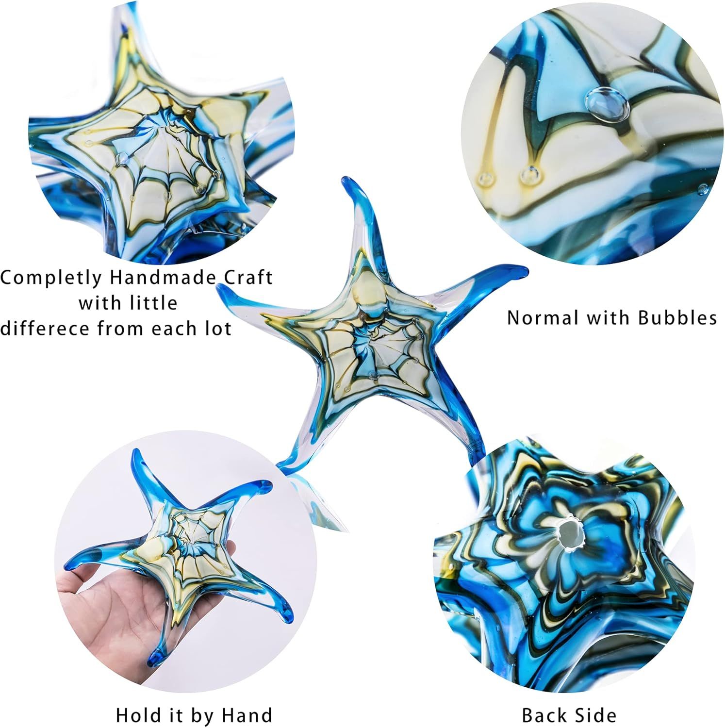 This image breaks down the physical characteristics and craftsmanship of the glass starfish, showing multiple angles and details including the handmade nature, bubble features, hand-held scale, and…