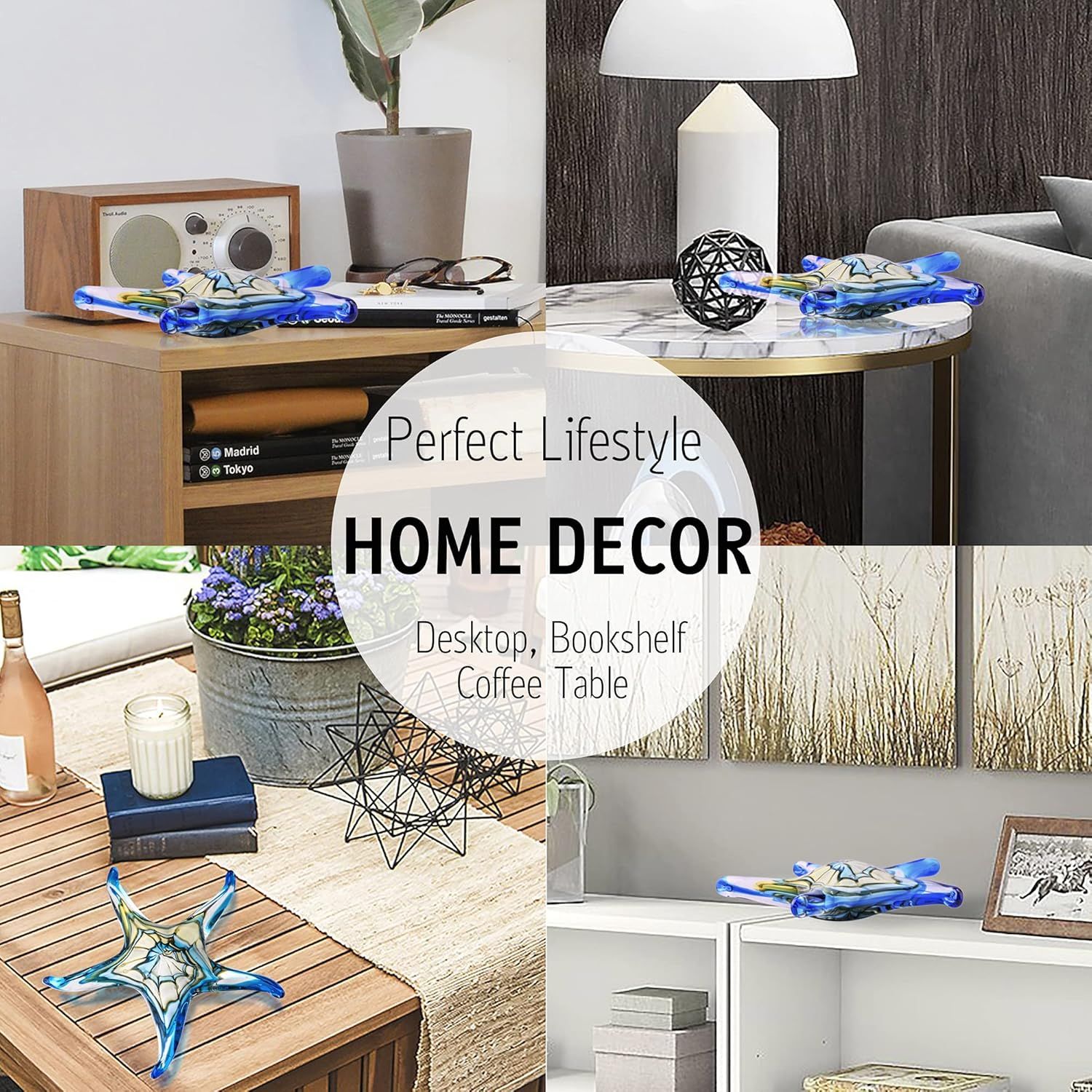 Demonstrates the product's versatility by showing it displayed in multiple home settings—desktop, bookshelf, and coffee table—to reassure shoppers it fits various decor styles and locations.