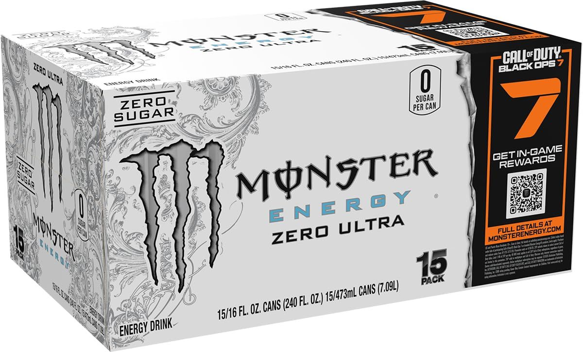 Shows the product packaging in a clean, catalog-style format to give shoppers a clear view of what they will receive when purchasing this 15-pack of Monster Energy Zero Ultra drinks.