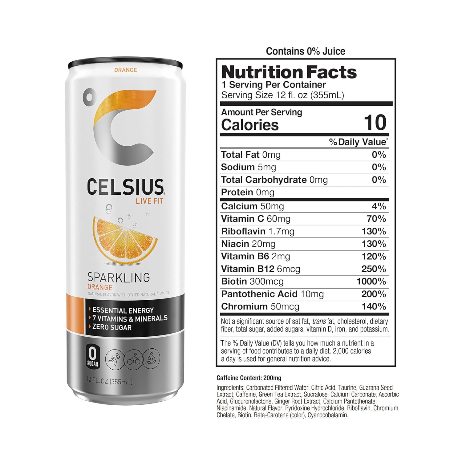 Communicates multiple key benefits of the energy drink including its energy-boosting properties, vitamin/mineral content, zero sugar formulation, and low calorie count to appeal to health-conscious…