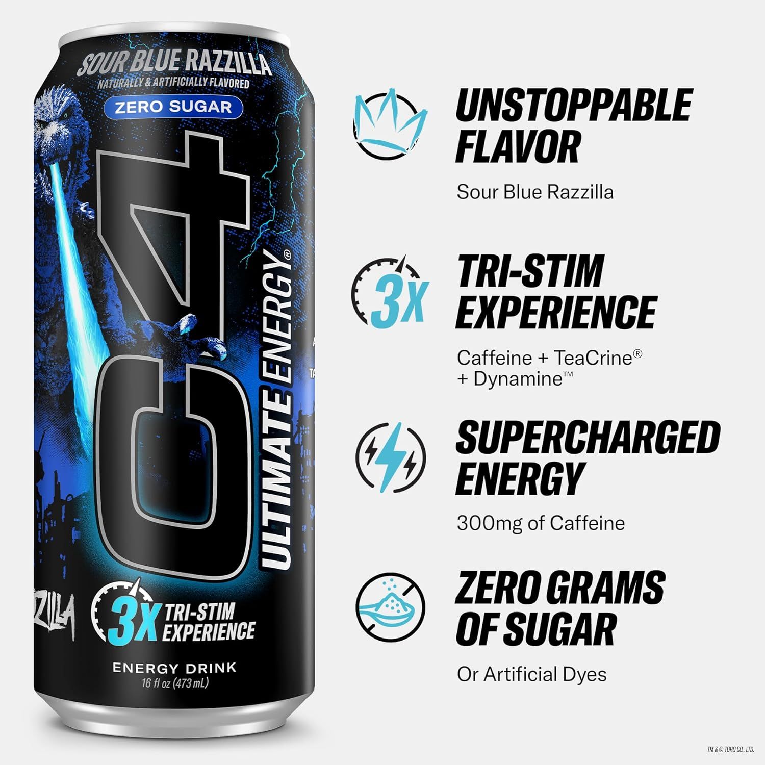 Communicates multiple key selling benefits of the energy drink in a visually segmented layout, highlighting flavor, stimulant formula, caffeine content, and zero sugar to appeal to health-conscious…
