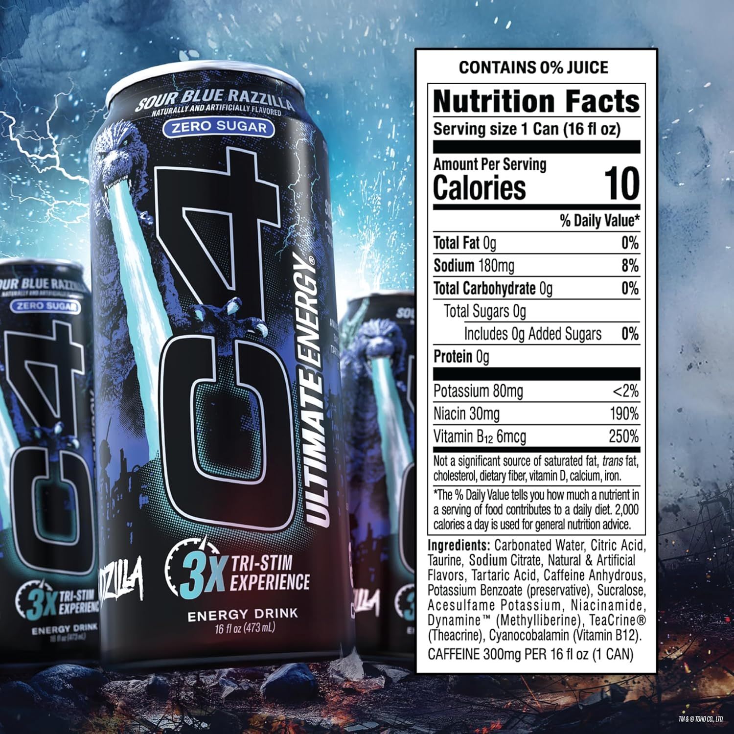 Communicates multiple key product benefits through the nutrition facts panel and product branding, emphasizing zero sugar, low calories, high vitamin content, and the tri-stim energy experience to…