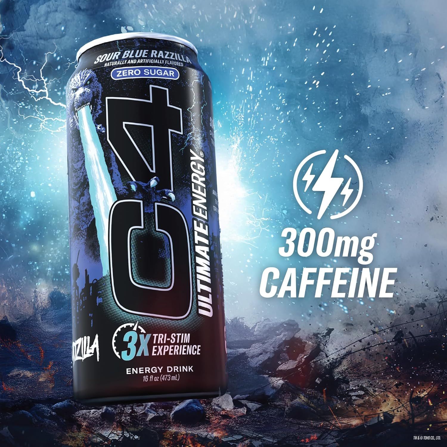Highlights the high caffeine content (300mg) to communicate the product's energy-boosting performance and appeal to consumers seeking a powerful energy drink. Communicates the primary benefit of…