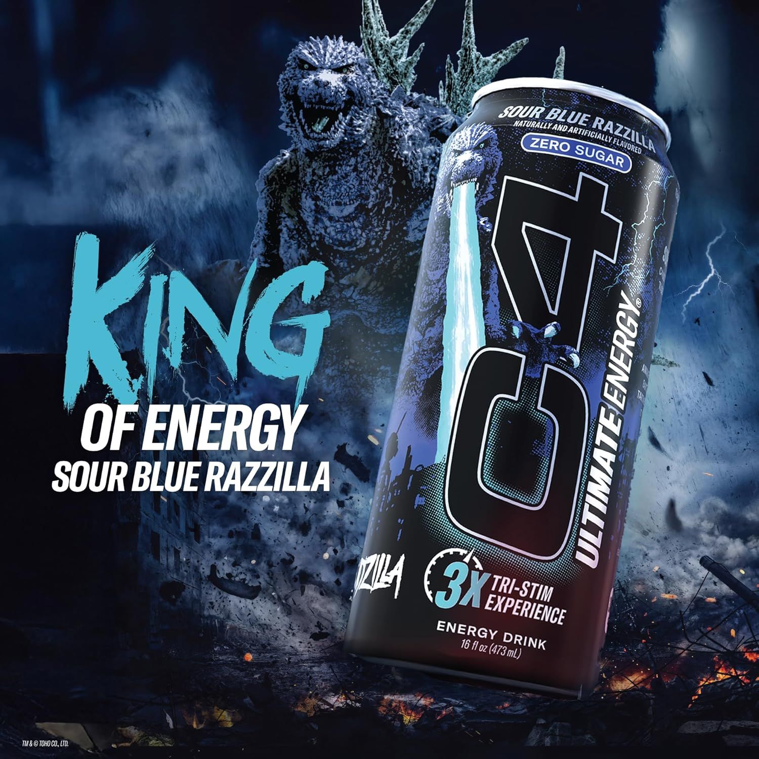 Introduces the Sour Blue Razzilla flavor with dramatic Godzilla-themed branding to create excitement and communicate powerful energy delivery.