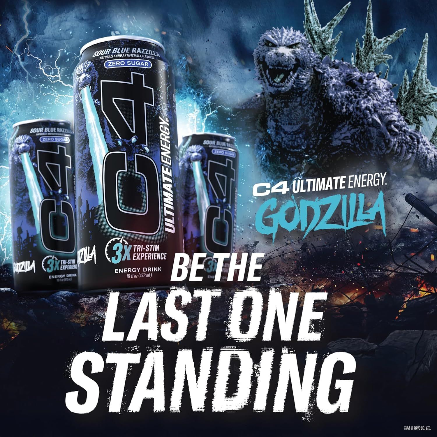 This image promotes the C4 energy drink brand through a Godzilla-themed collaboration, using dramatic cinematic visuals and the tagline 'BE THE LAST ONE STANDING' to create an emotional connection…