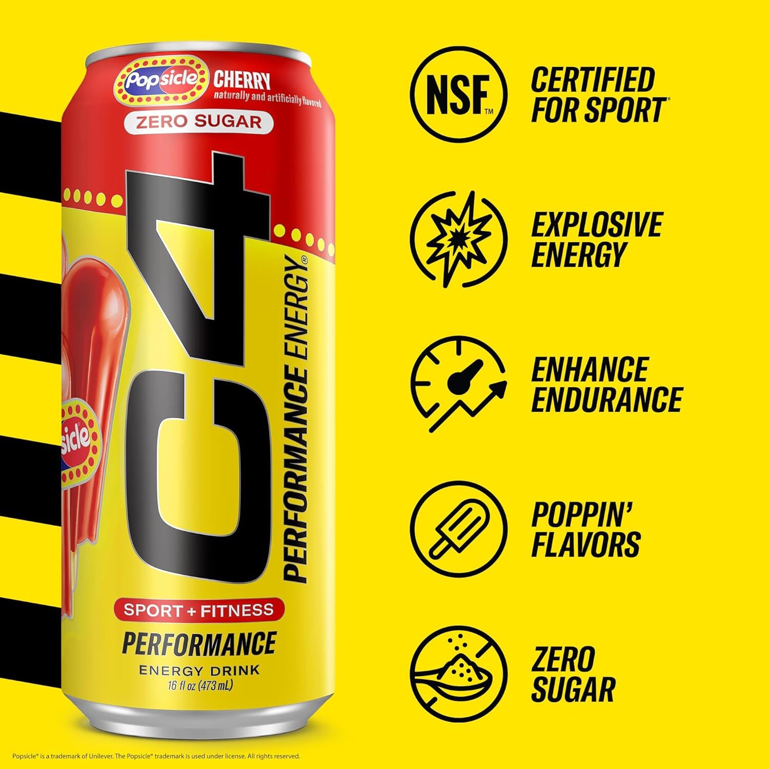 Communicates multiple distinct performance and product benefits in a segmented icon-and-text layout to show why this energy drink is effective for athletes and fitness enthusiasts.