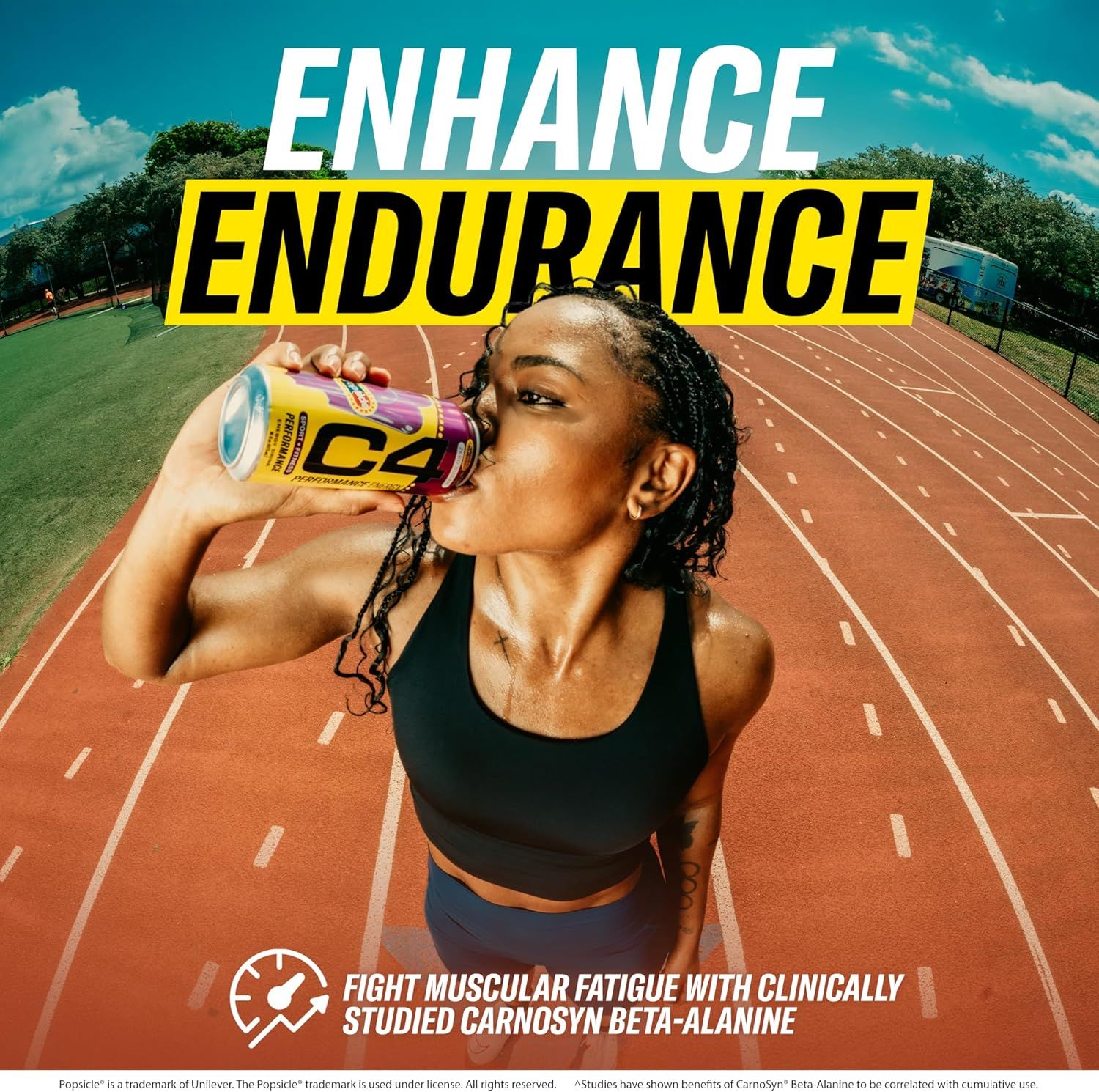 Communicates that the product enhances athletic endurance and fights muscular fatigue through clinically studied CarnoSyn Beta-Alanine, positioning it as a performance drink for athletes.