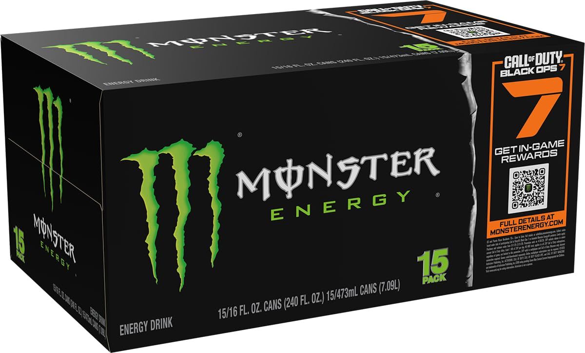 Communicates the quantity included in the purchase (15 cans) and highlights the promotional partnership with Call of Duty Black Ops 7 to appeal to gamers.