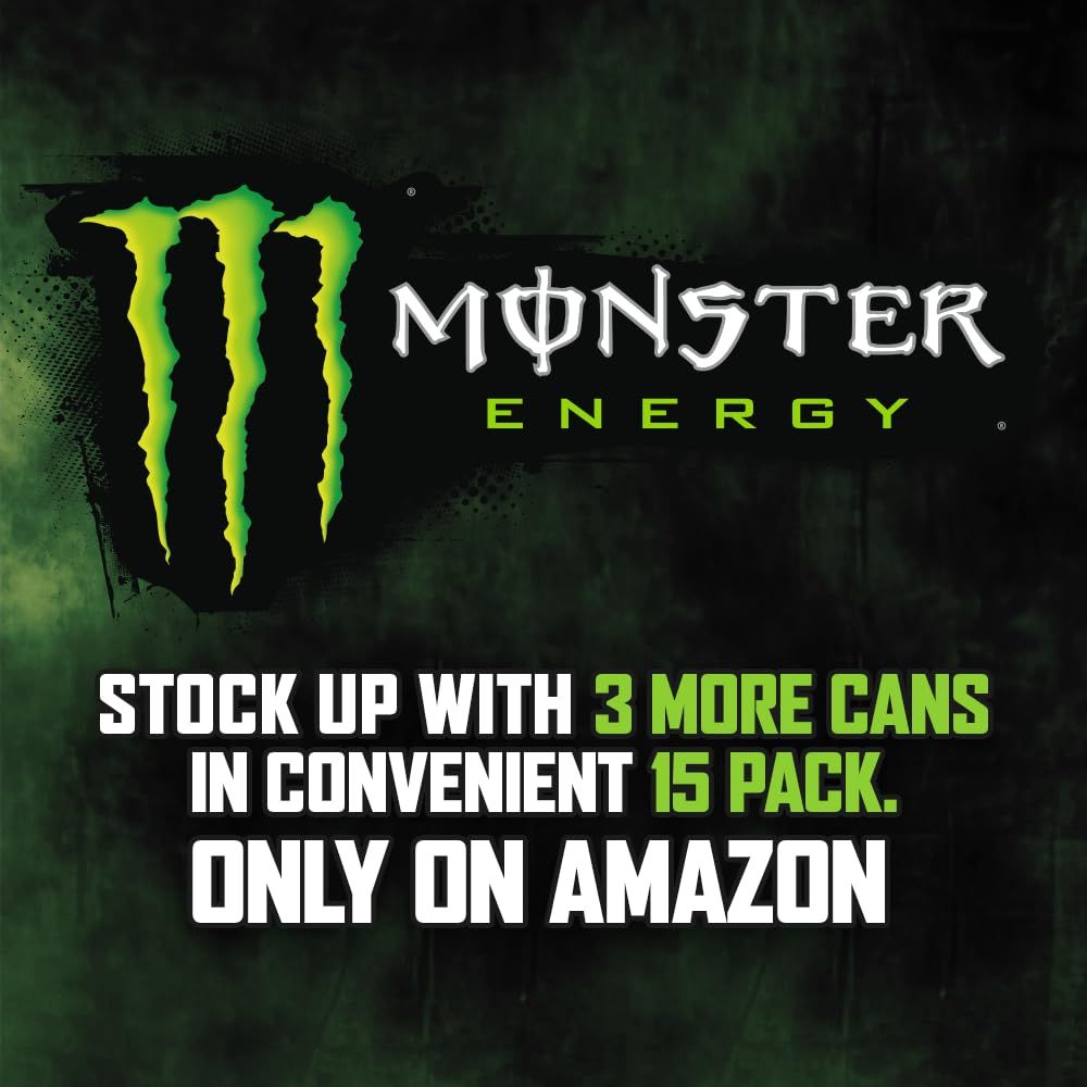 Promotes the Monster Energy brand and highlights an exclusive Amazon bundle offering (15-pack with 3 more cans), driving purchase intent through platform exclusivity.