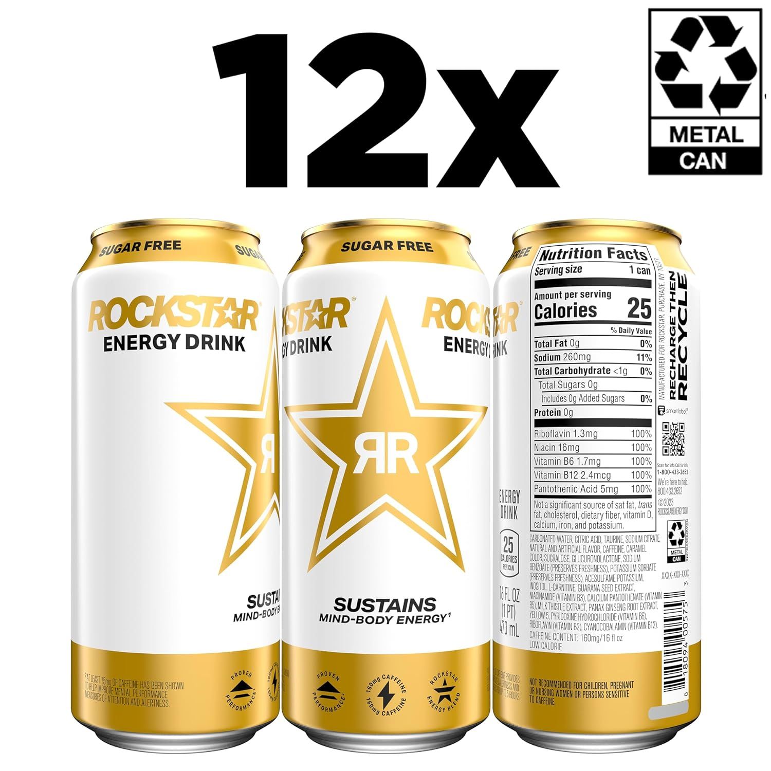 Shows the customer they will receive a 12-pack of Rockstar Energy drinks in recyclable metal cans, emphasizing quantity and sustainability.