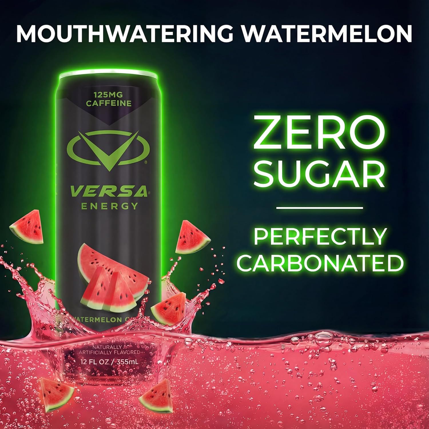 Communicates multiple key product benefits in a visually segmented layout to highlight the energy drink's zero sugar content, carbonation quality, caffeine content, and refreshing watermelon flavor.